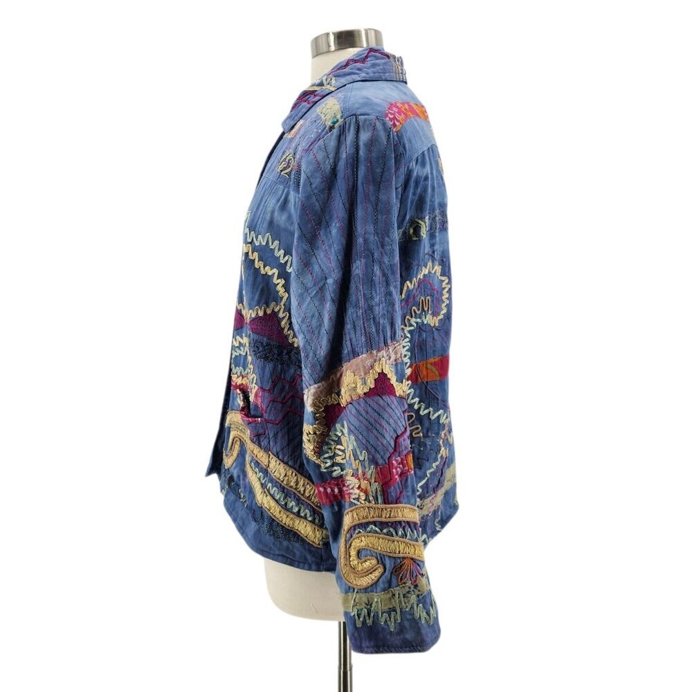 Vintage Norm Thompson Womens Large Jacket Patch Work Embroidered Tie Dye Blue - Picture 3 of 12